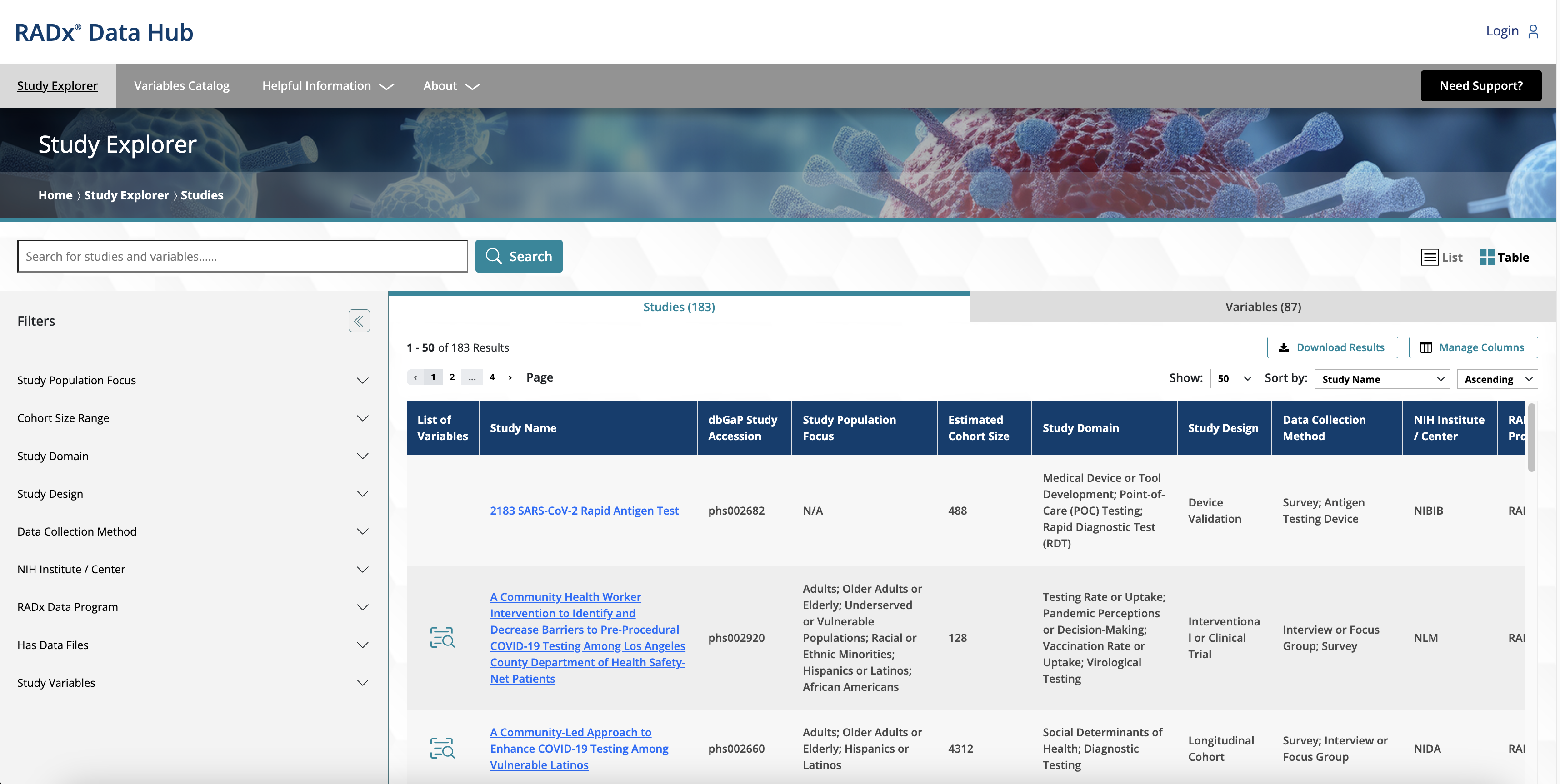 Figure 1: Study Explorer Link in the Navigation Bar and default Study Explorer View with Studies and Variables Tabs