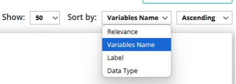 Figure 6: "Number of Results per Page" and Sorting Controls on the Variables tab